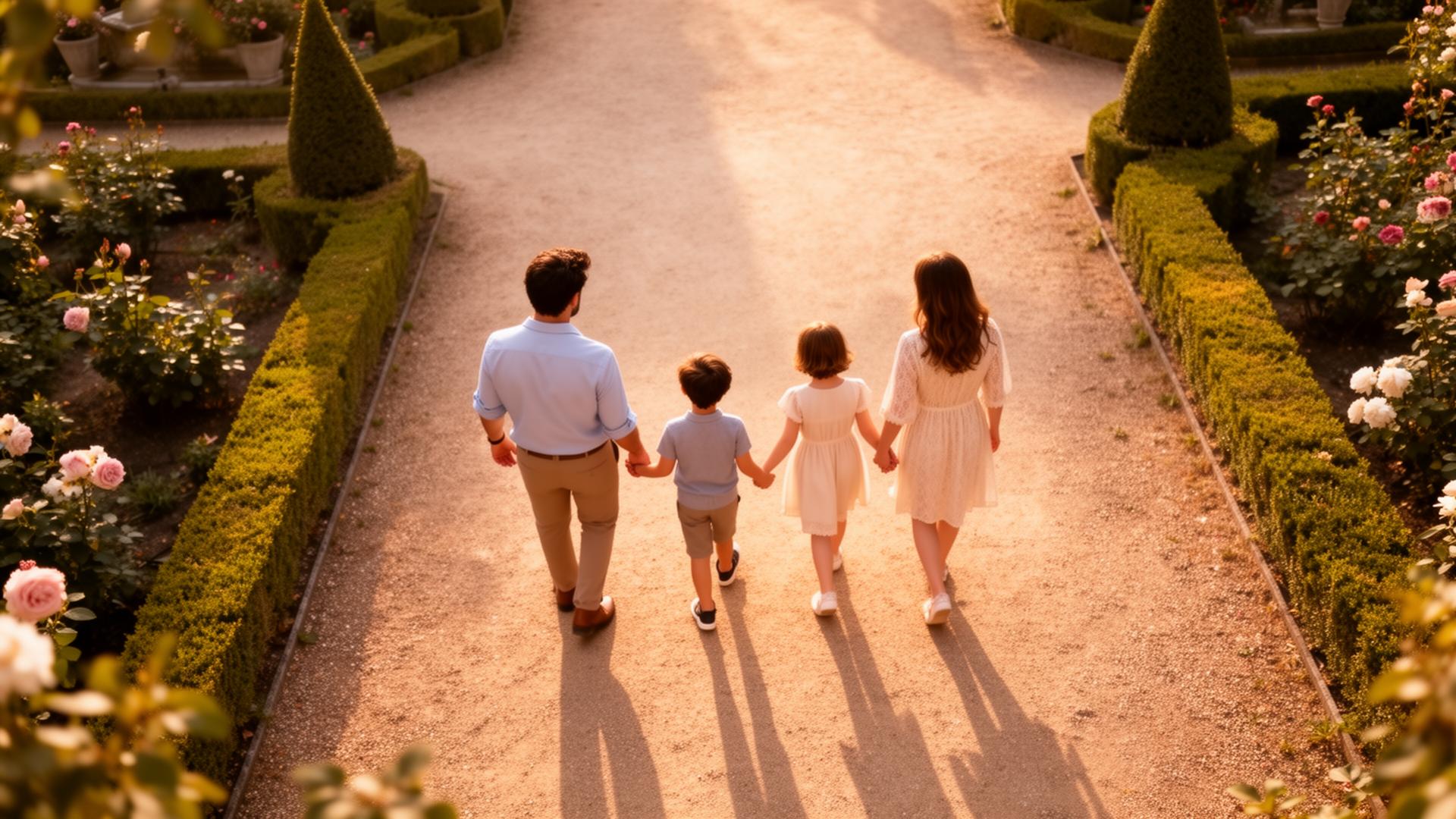Famille multigénérationnelle dans un jardin au coucher du soleil