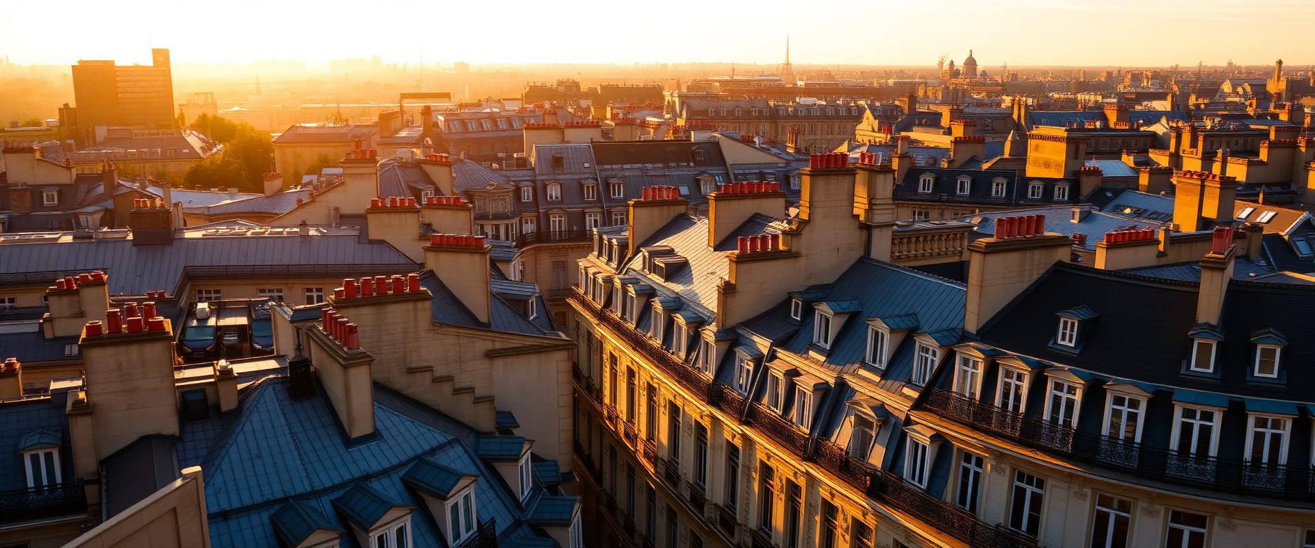 Vue panoramique des toits parisiens au coucher du soleil