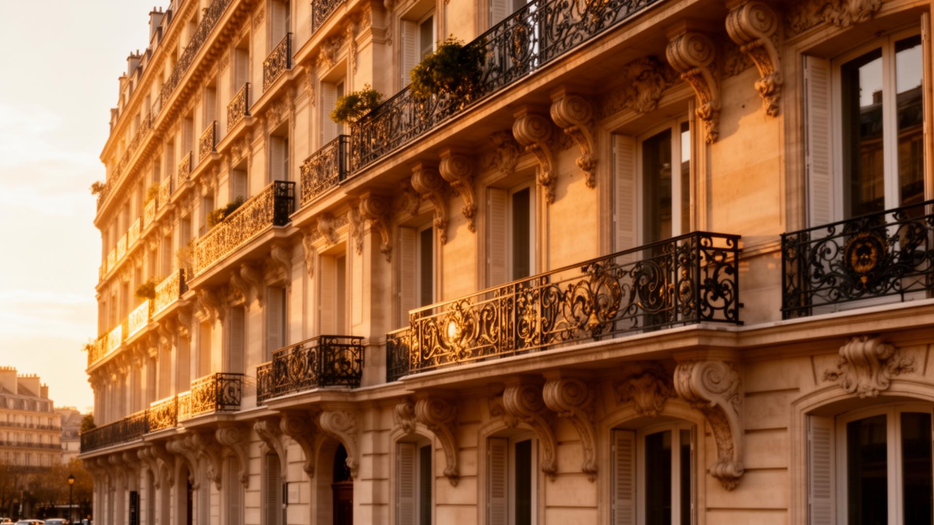 Immeuble haussmannien parisien au coucher du soleil
